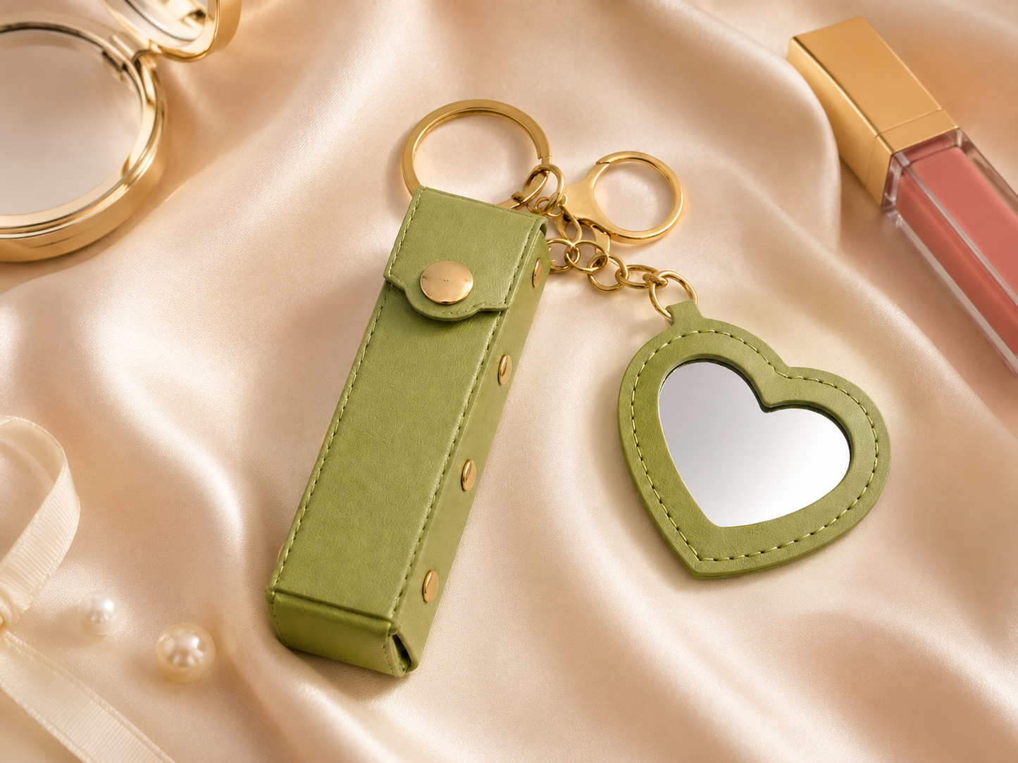 Green Mini Heart Lipstick Mirror Keychain variant on champagne satin