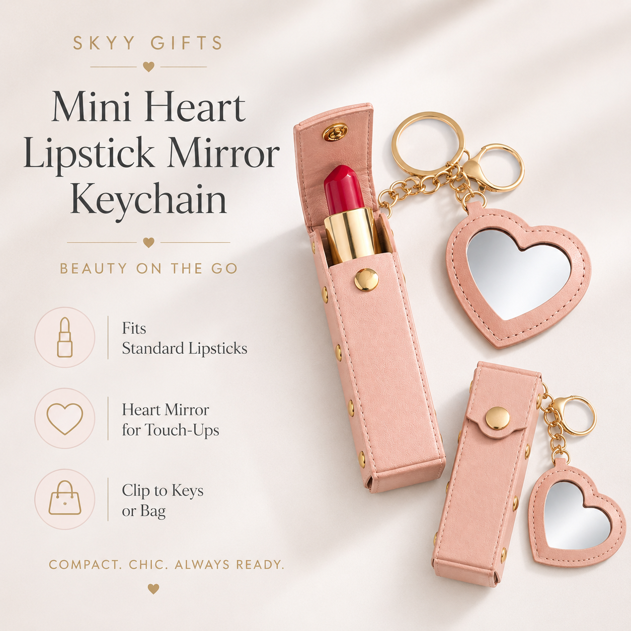 Mini Heart Lipstick Mirror Keychain product guide graphic