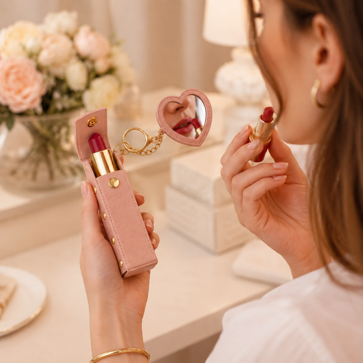 Mini Heart Lipstick Mirror Keychain lifestyle image