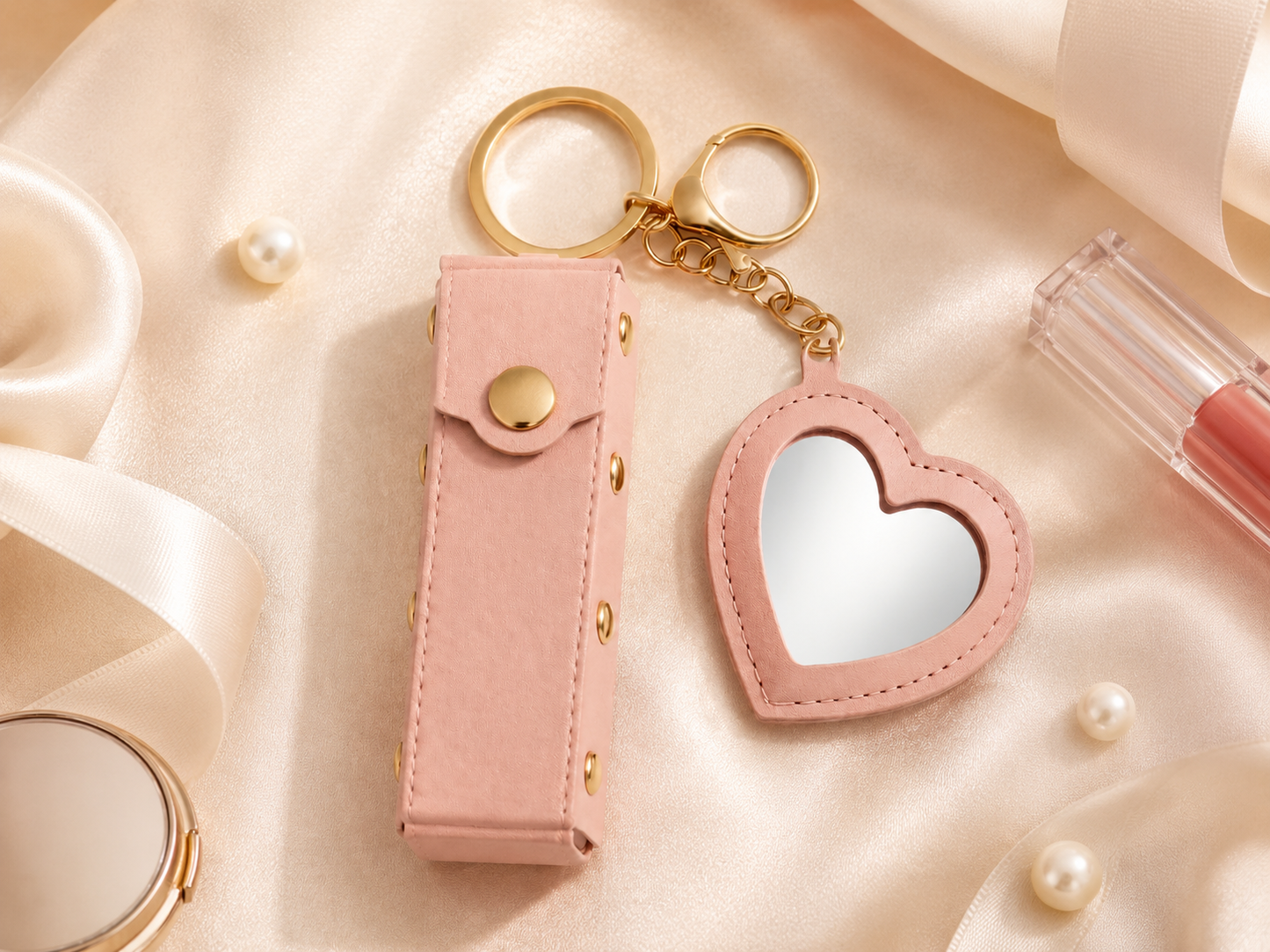 Pink Mini Heart Lipstick Mirror Keychain variant on champagne satin