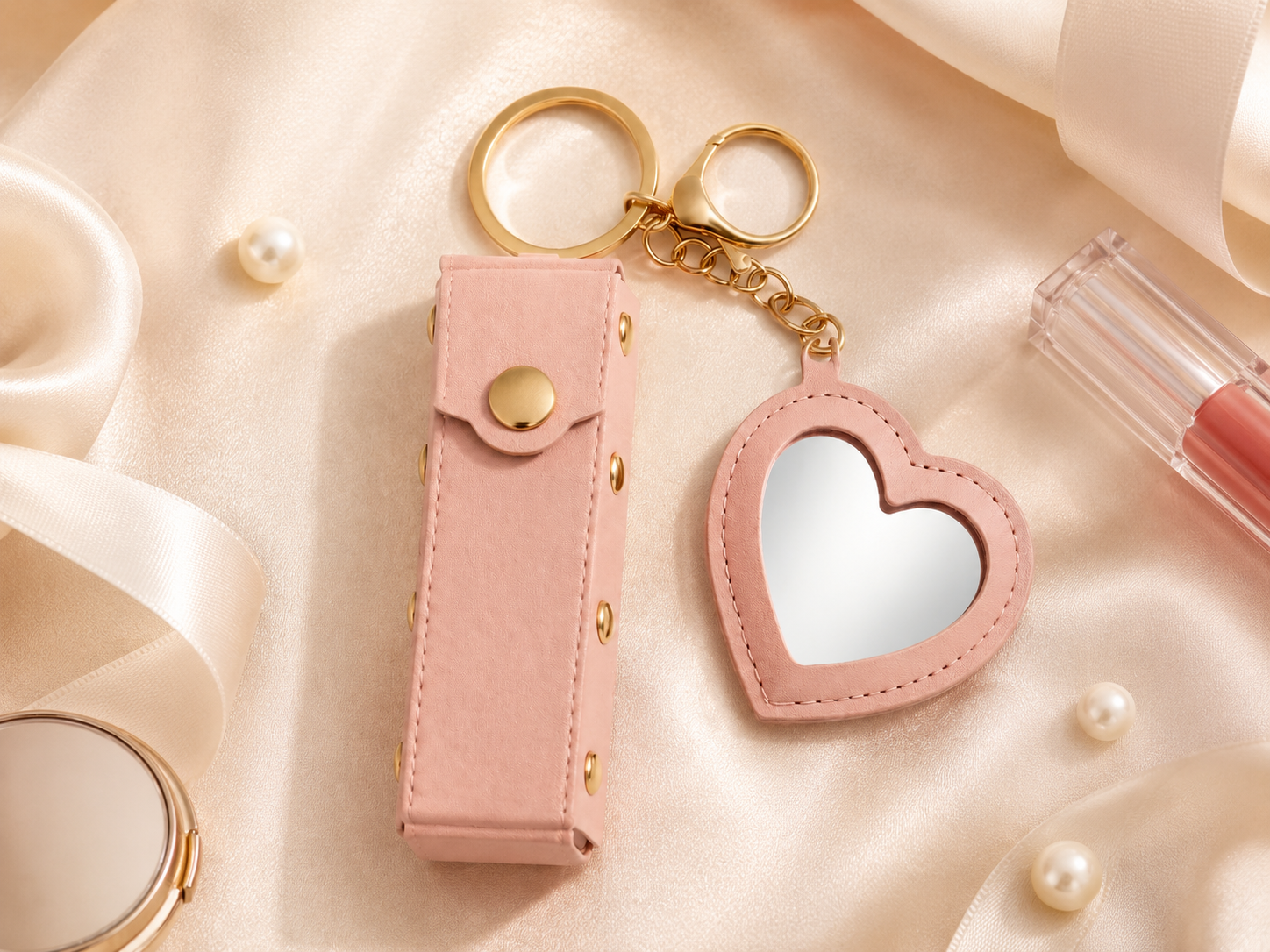 Pink Mini Heart Lipstick Mirror Keychain variant on champagne satin