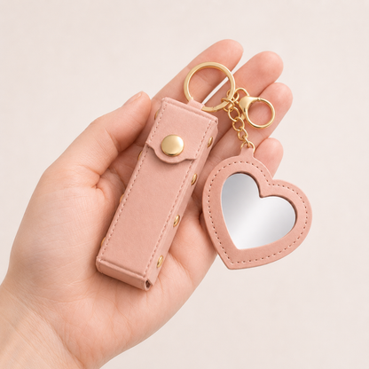 Mini Heart Lipstick Mirror Keychain shown with scale reference