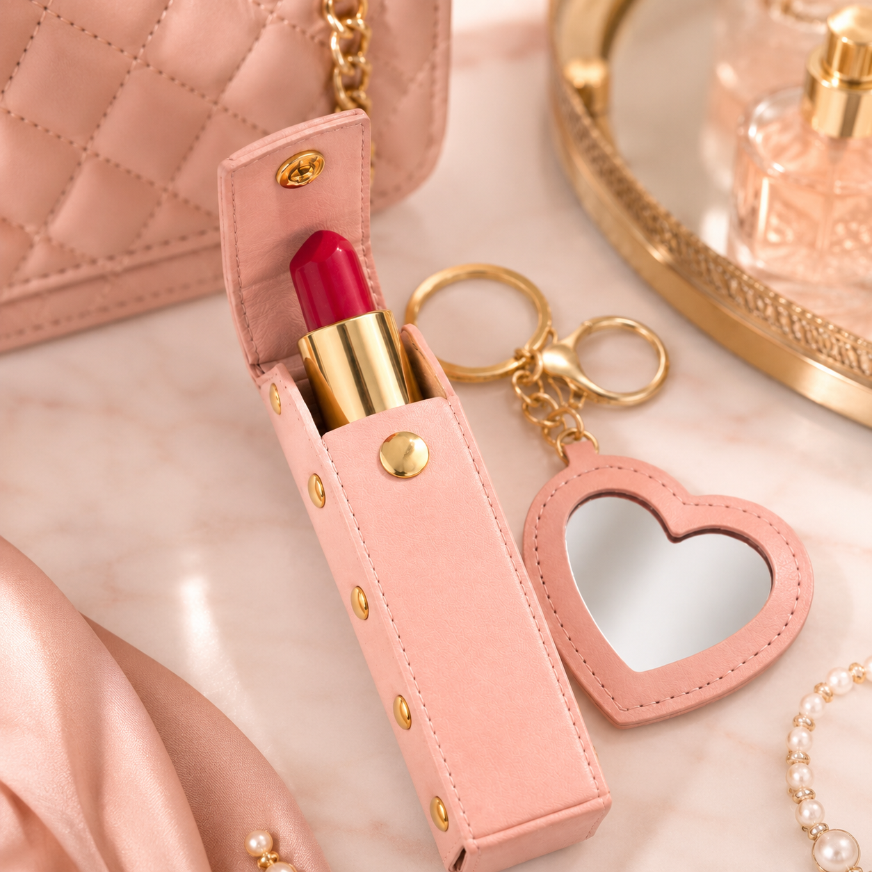 Mini Heart Lipstick Mirror Keychain styling inspiration image
