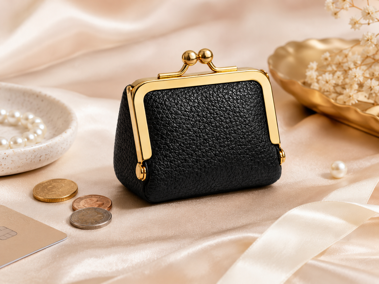 Black Mini Leather Coin Purse Wallet variant with gold kiss lock clasp