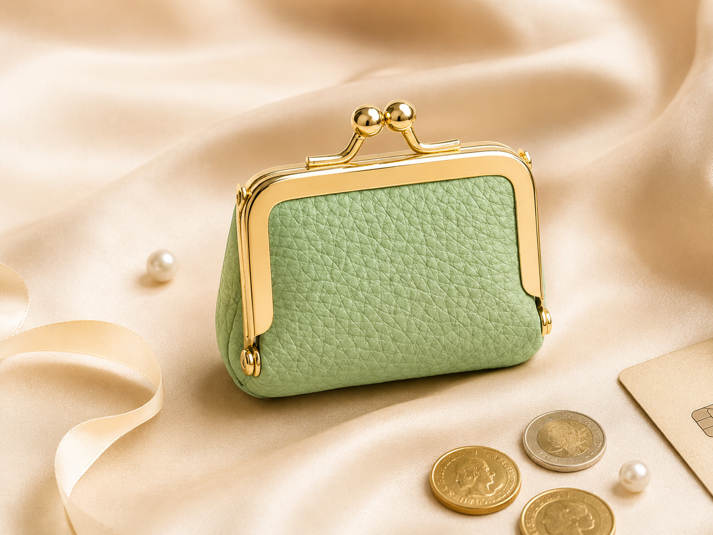 Green Mini Leather Coin Purse Wallet variant with gold kiss lock clasp
