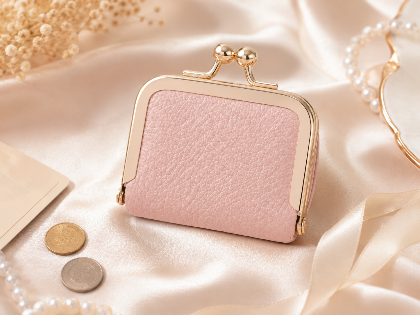 Pink Mini Leather Coin Purse Wallet variant with gold kiss lock clasp
