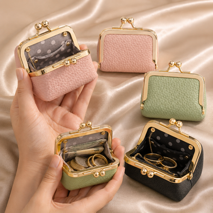 Mini Leather Coin Purse Wallet shown with scale reference