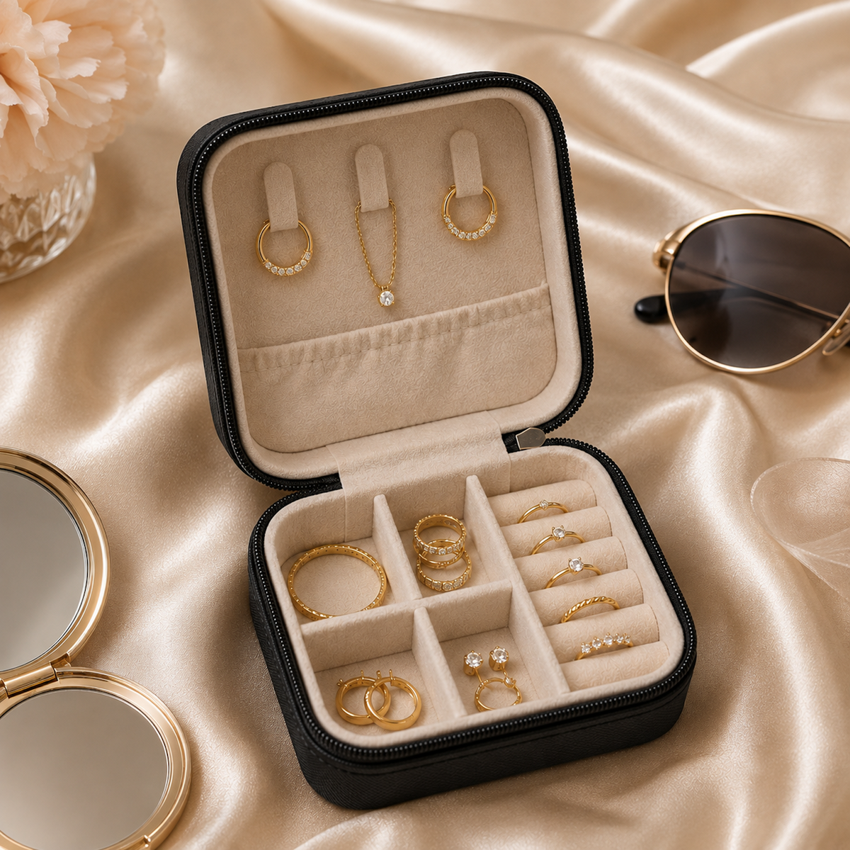 Black Mini Travel Jewelry Box open with ring slots compartments and necklace storage