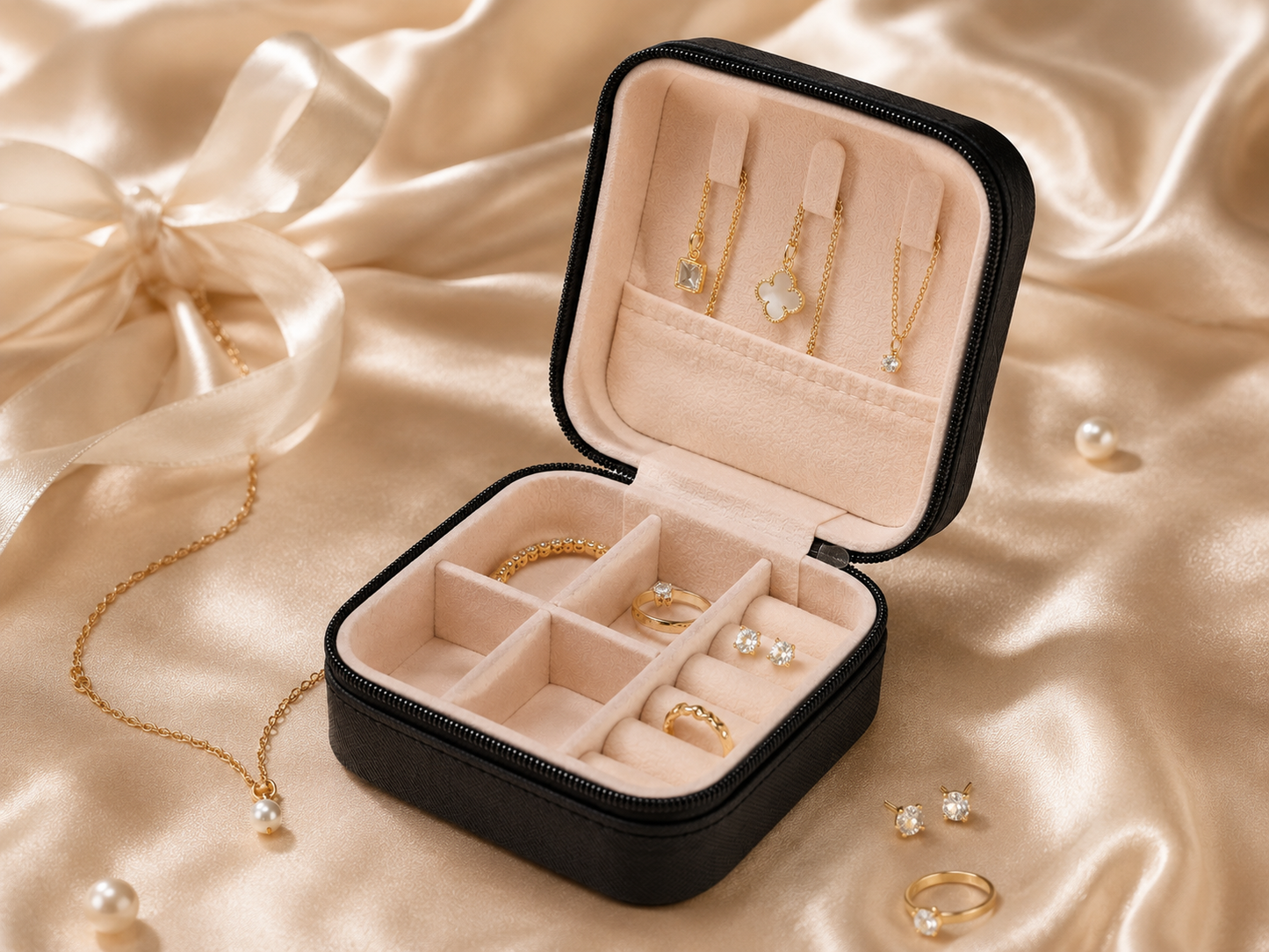Black mini travel jewelry organizer box with compartments for rings earrings and necklaces