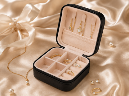 Black mini travel jewelry organizer box with compartments for rings earrings and necklaces