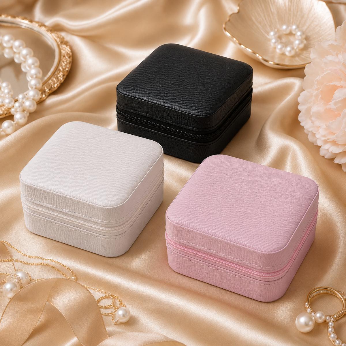 Mini Travel Jewelry Box color options in white pink and black