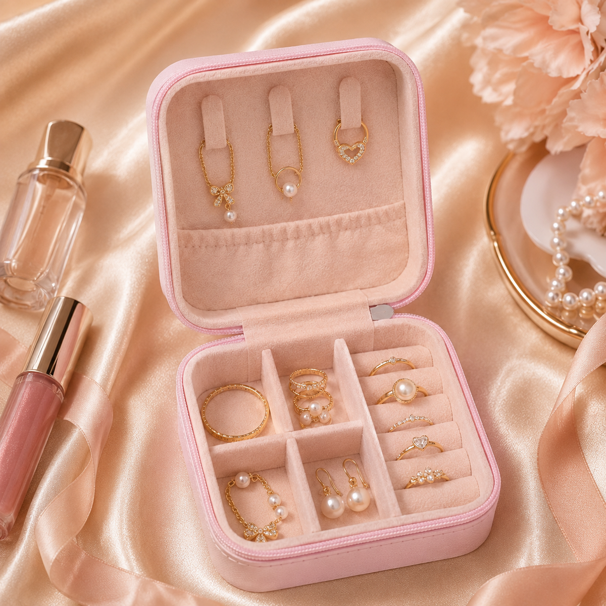 Pink Mini Travel Jewelry Box open with ring slots compartments and jewelry storage