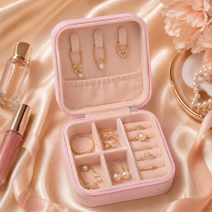 Pink Mini Travel Jewelry Box open with ring slots compartments and jewelry storage