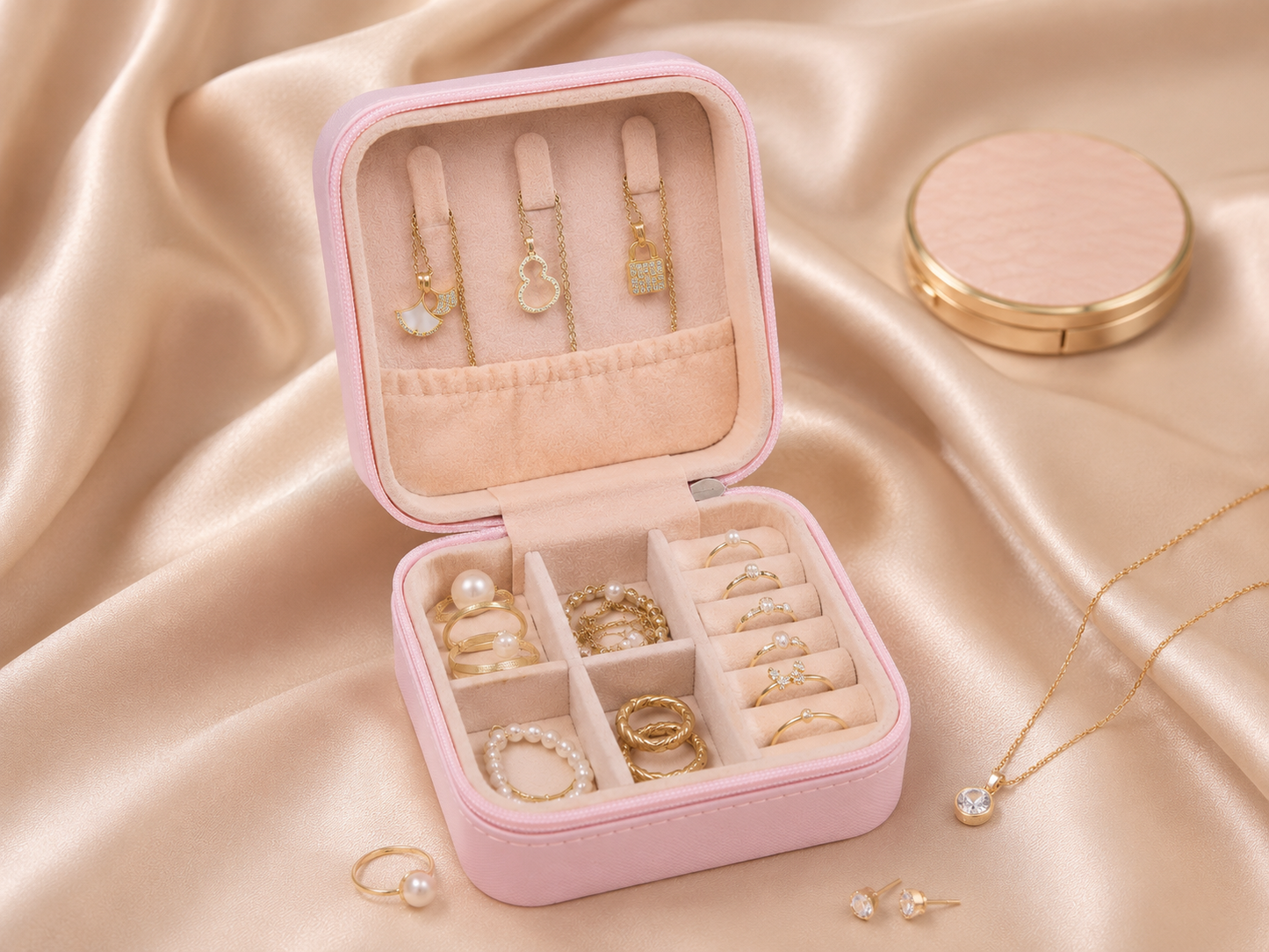 Pink mini travel jewelry organizer box for travel jewelry storage and gifting