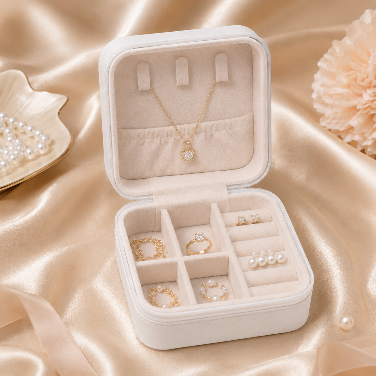 White Mini Travel Jewelry Box open with jewelry compartments and necklace storage