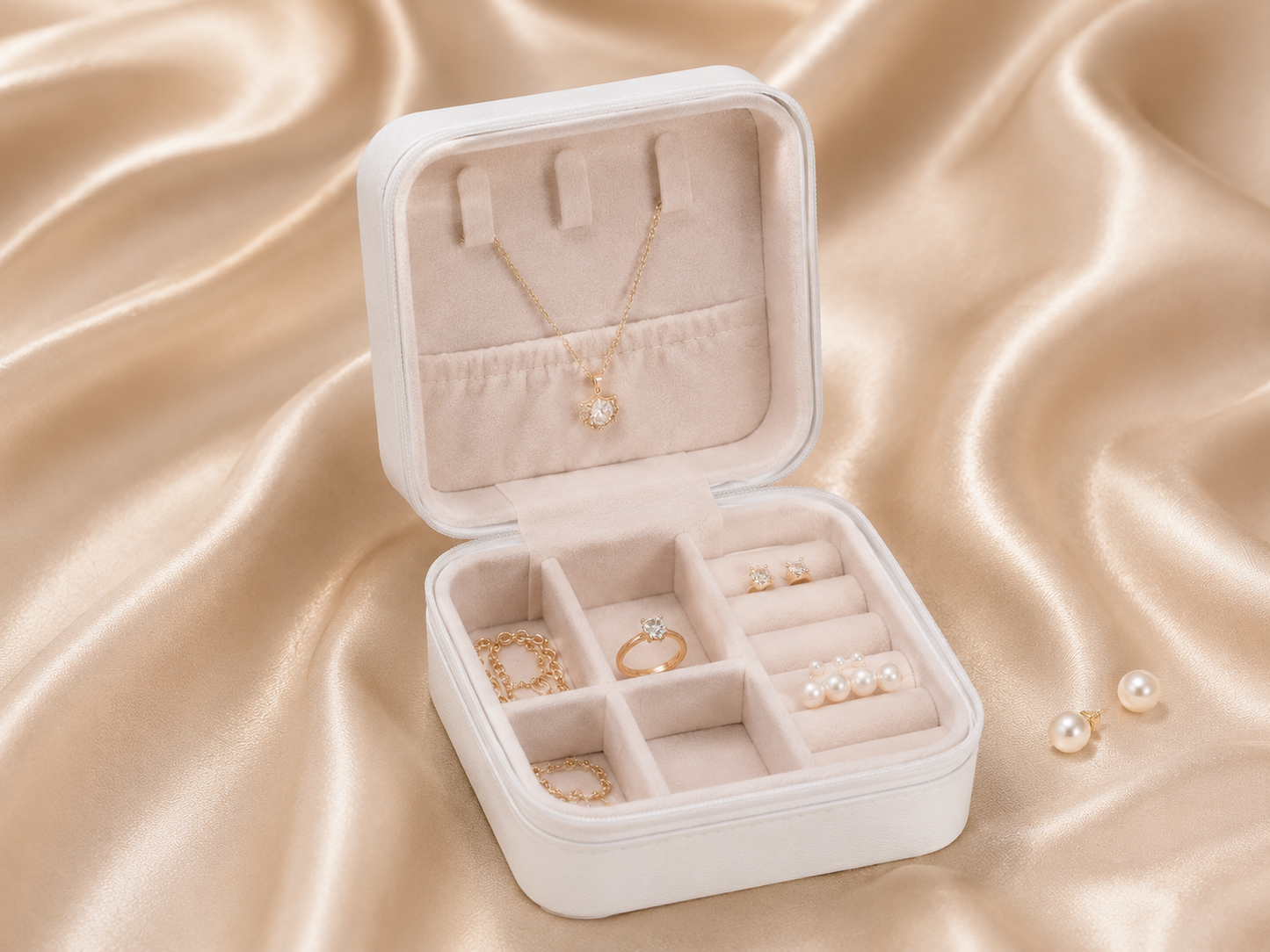 White mini travel jewelry organizer box with soft interior for rings earrings and necklaces