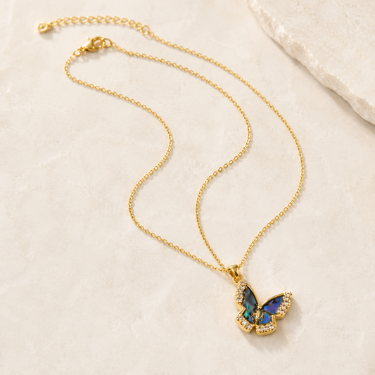 Natural Shell Butterfly Pendant Necklace with iridescent blue shell and crystal accents