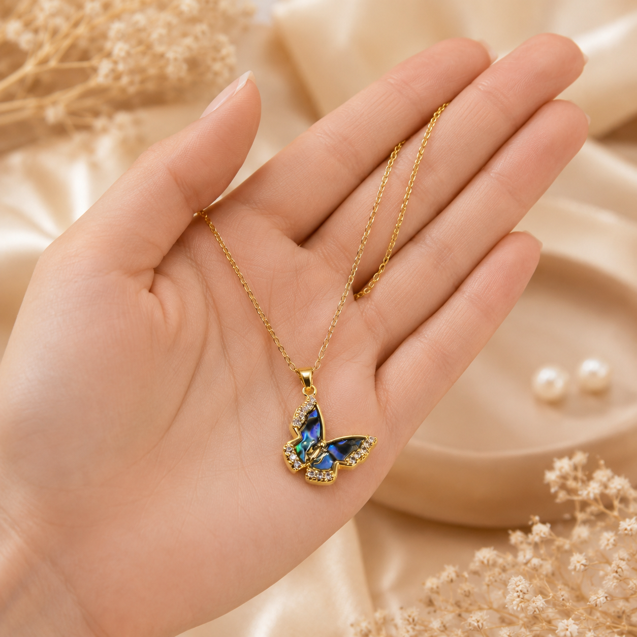 Natural Shell Butterfly Necklace shown with scale reference