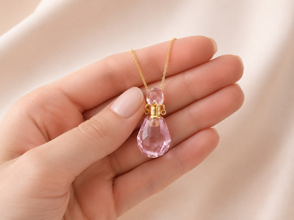 Close-up detail of Pink Crystal Perfume Bottle Necklace