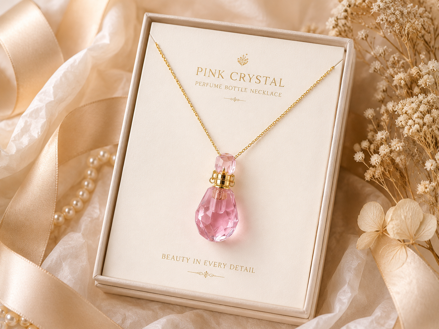 Pink Crystal Perfume Bottle Necklace gift-ready packaging image