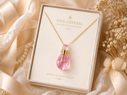 Pink Crystal Perfume Bottle Necklace gift-ready packaging image
