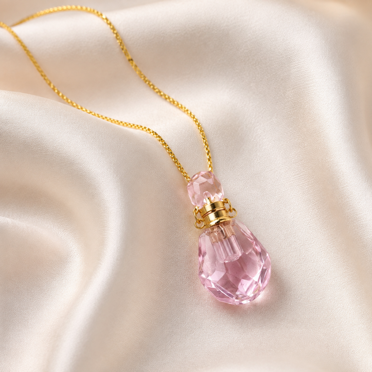 Pink Crystal Perfume Bottle Necklace gift-ready styling image