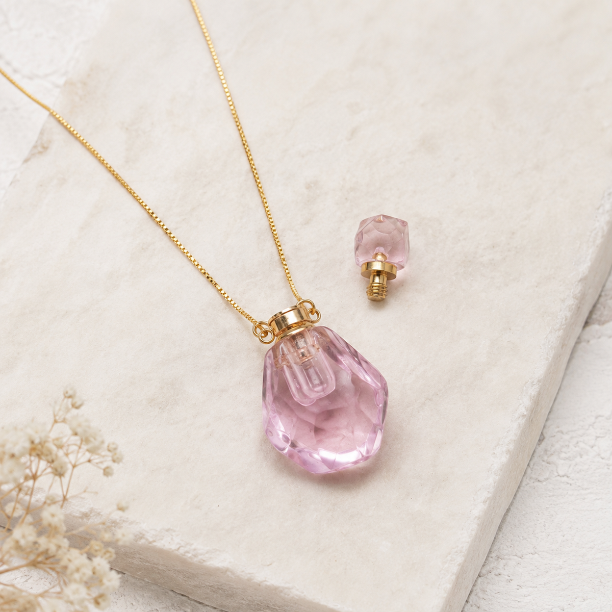 Pink Crystal Perfume Bottle Necklace product guide image showing removable bottle cap
