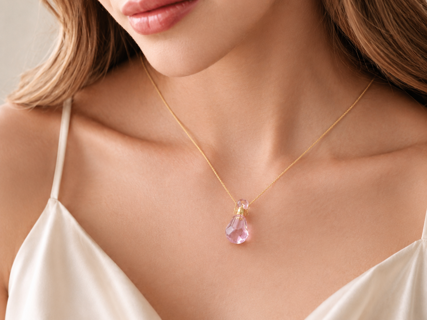 Pink Crystal Perfume Bottle Necklace shown with scale reference