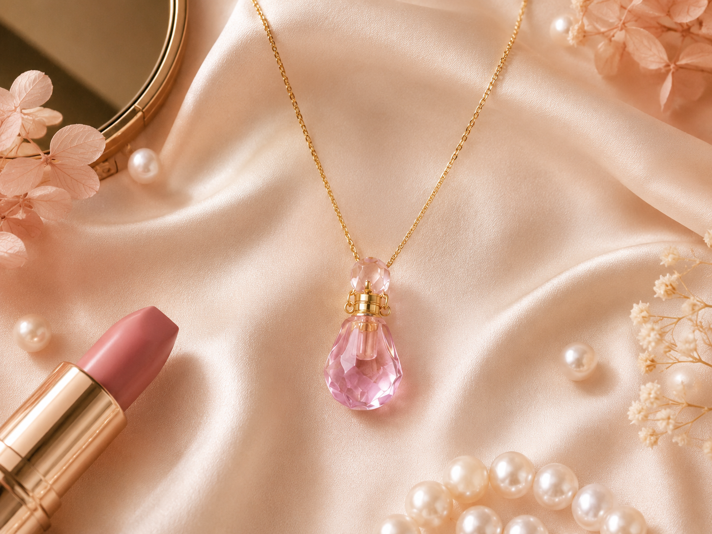 Pink Crystal Perfume Bottle Necklace styling inspiration image