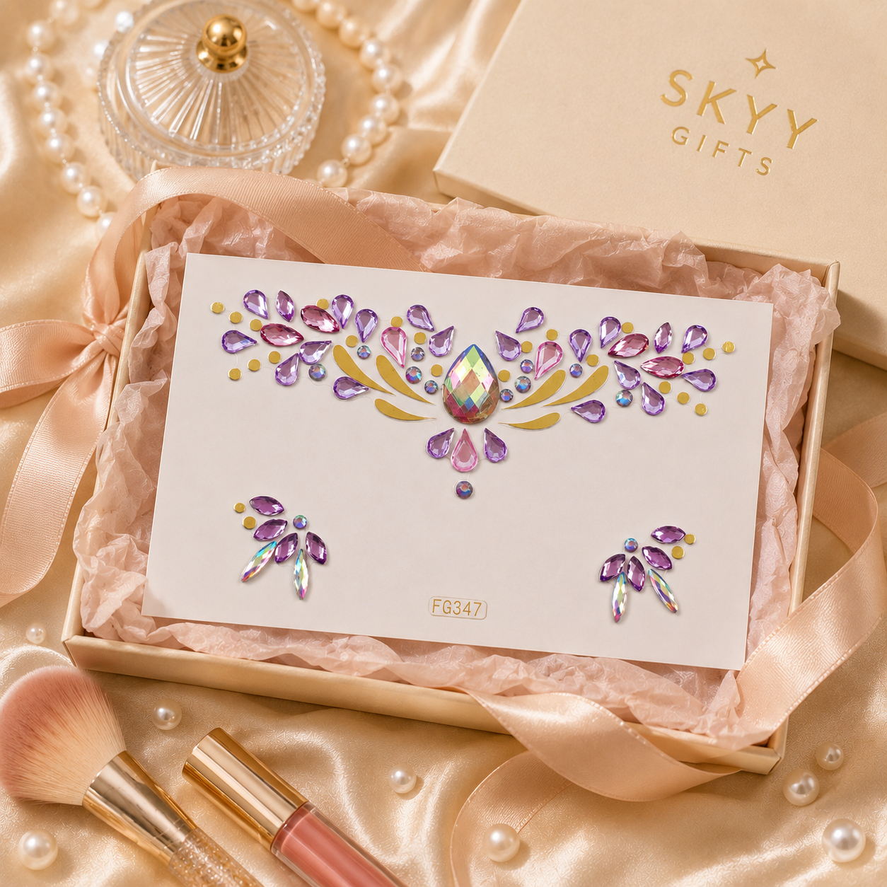 Pink and Purple Festival Face Gems gift-ready packaging image
