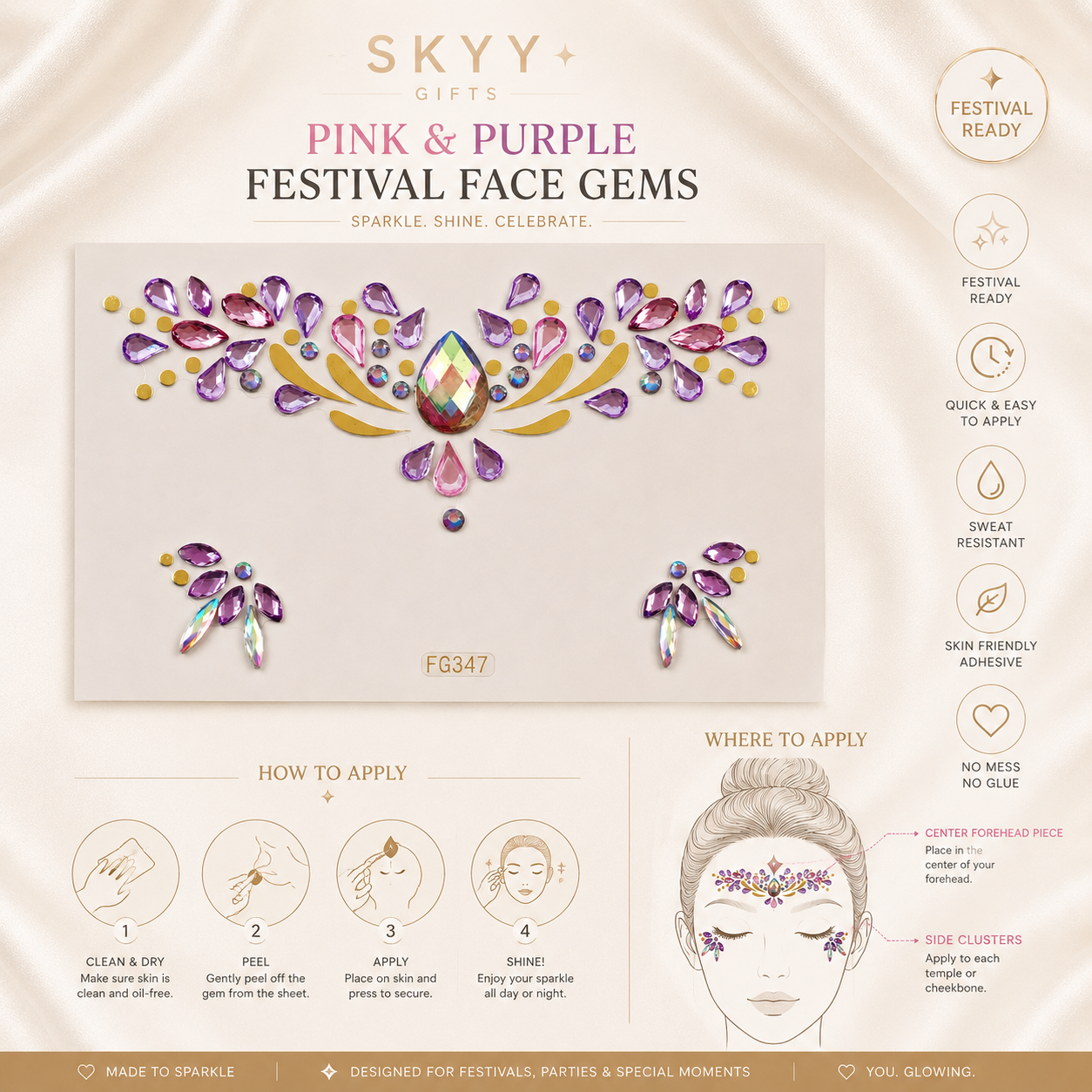 Pink and Purple Festival Face Gems product guide graphic