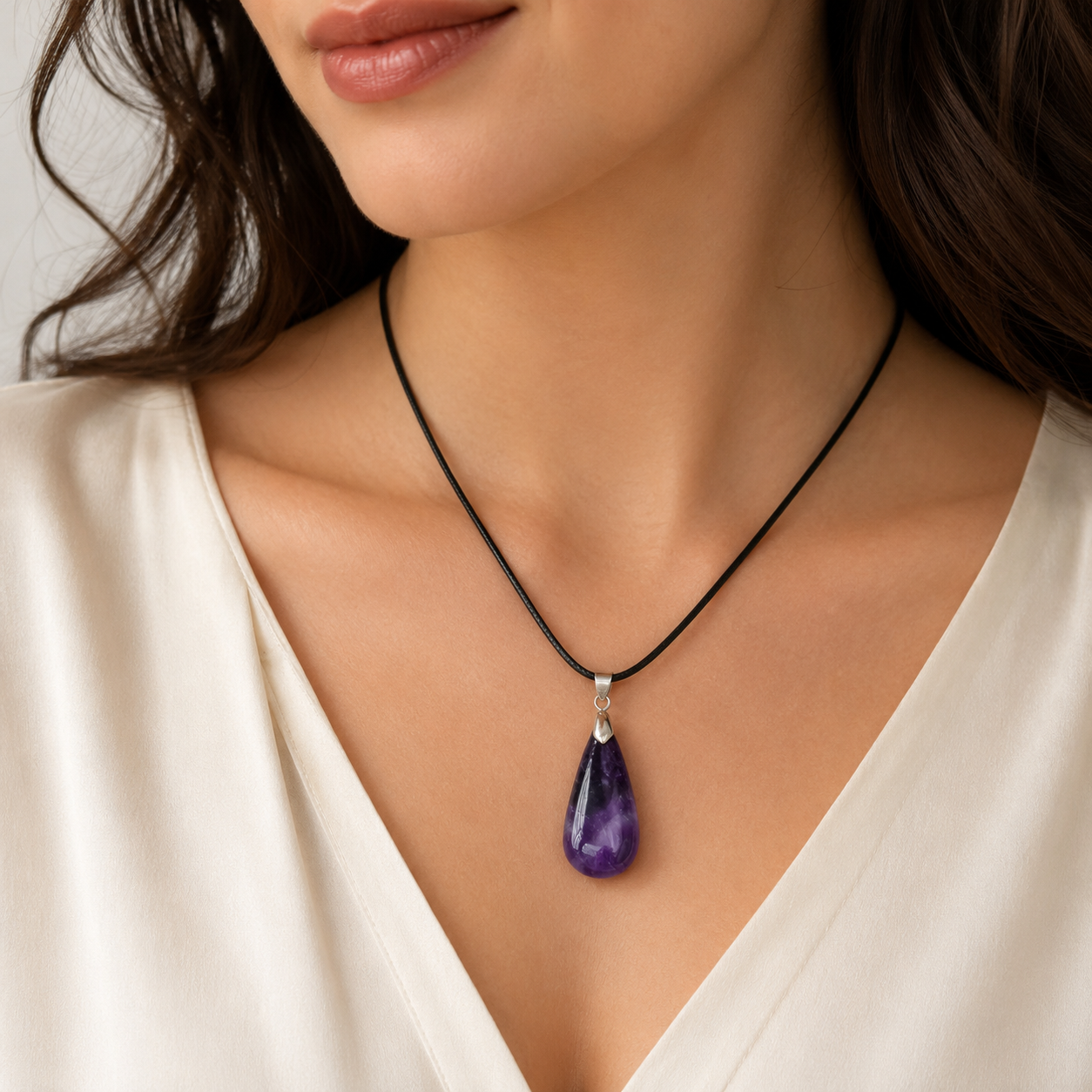 Purple Crystal Pendant Necklace shown with scale reference