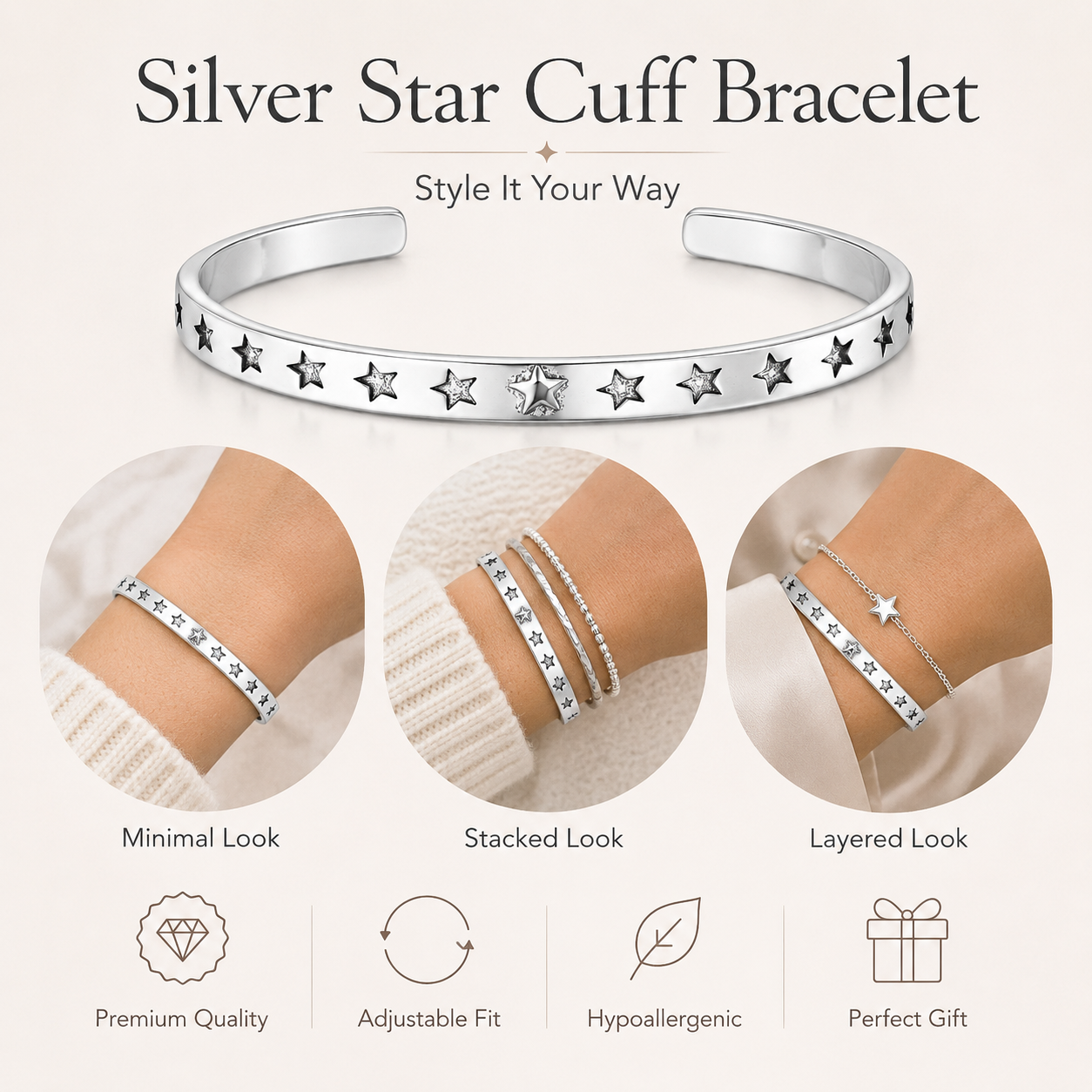 Silver Star Cuff Bracelet product guide graphic