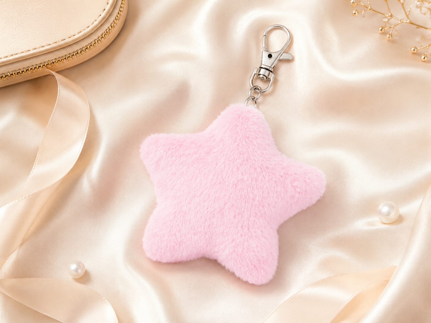 Pink Star Pom Pom Keychain variant with fluffy star bag charm
