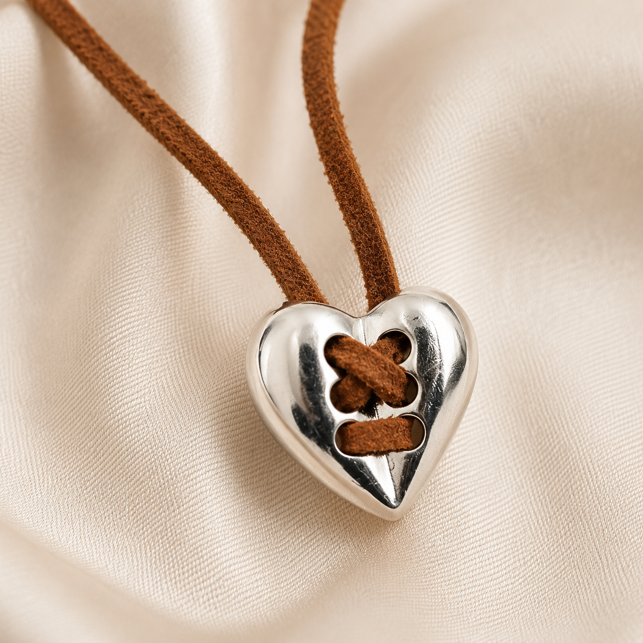 Close-up detail of Vintage Silver Heart Leather Necklace