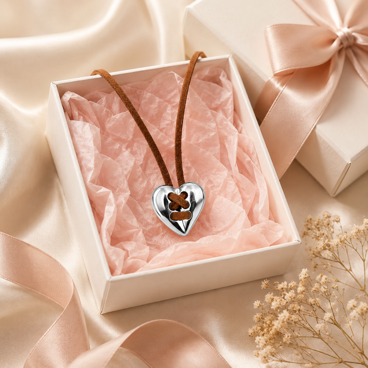 Vintage Silver Heart Leather Necklace gift-ready packaging image