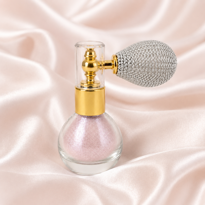 Close-up detail of Soft Pink Body & Hair Shimmer Powder atomizer and shimmer texture