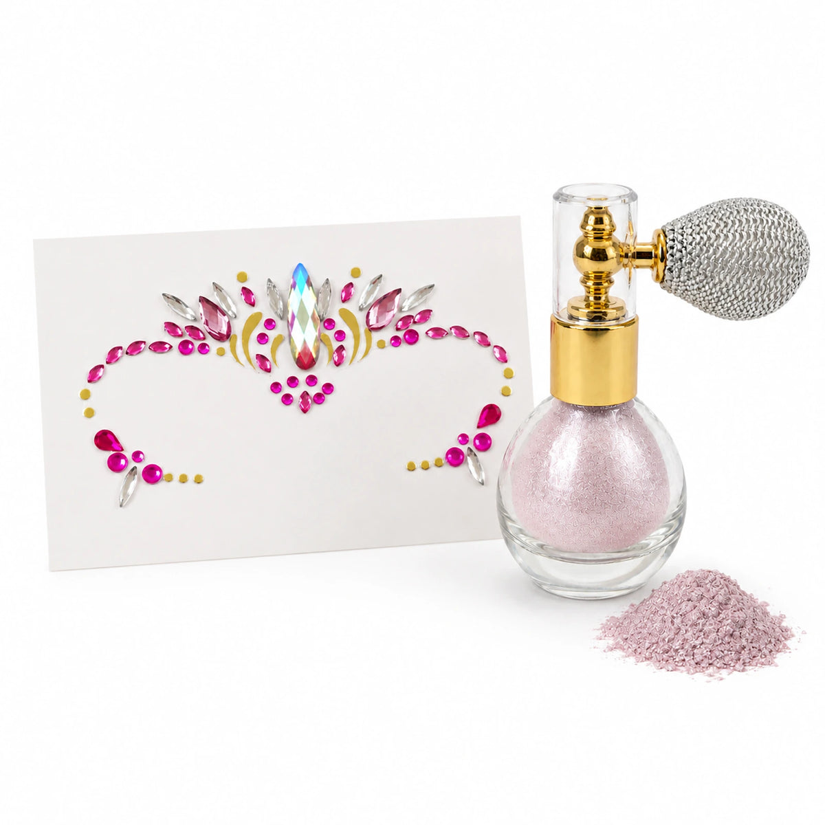 Soft Pink Festival Glow Bundle clean product contents with face gems and soft pink shimmer atomizer