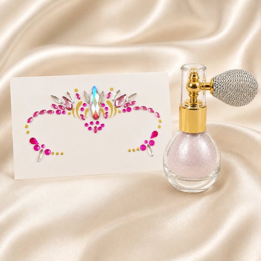 Soft Pink Festival Glow Bundle hero packshot with soft pink body shimmer and pink festival face gems