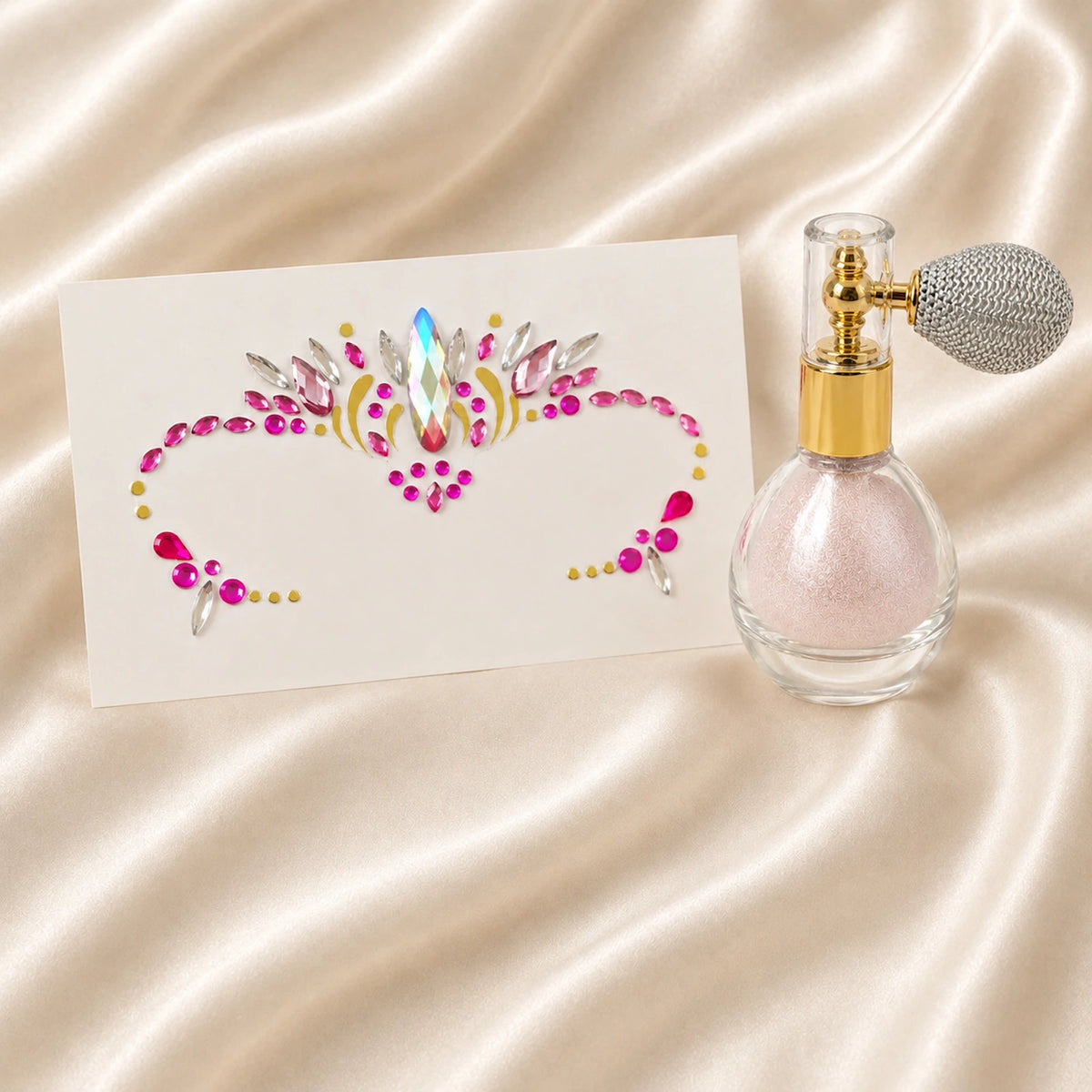 Soft Pink Festival Glow Bundle worn proof with pink festival face gems and soft pink shimmer