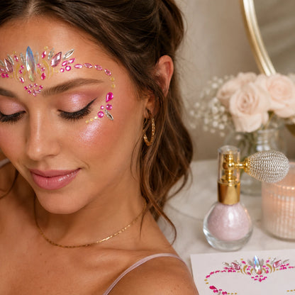 Soft Pink Festival Glow Bundle styled use case with festival face gems and soft pink shimmer