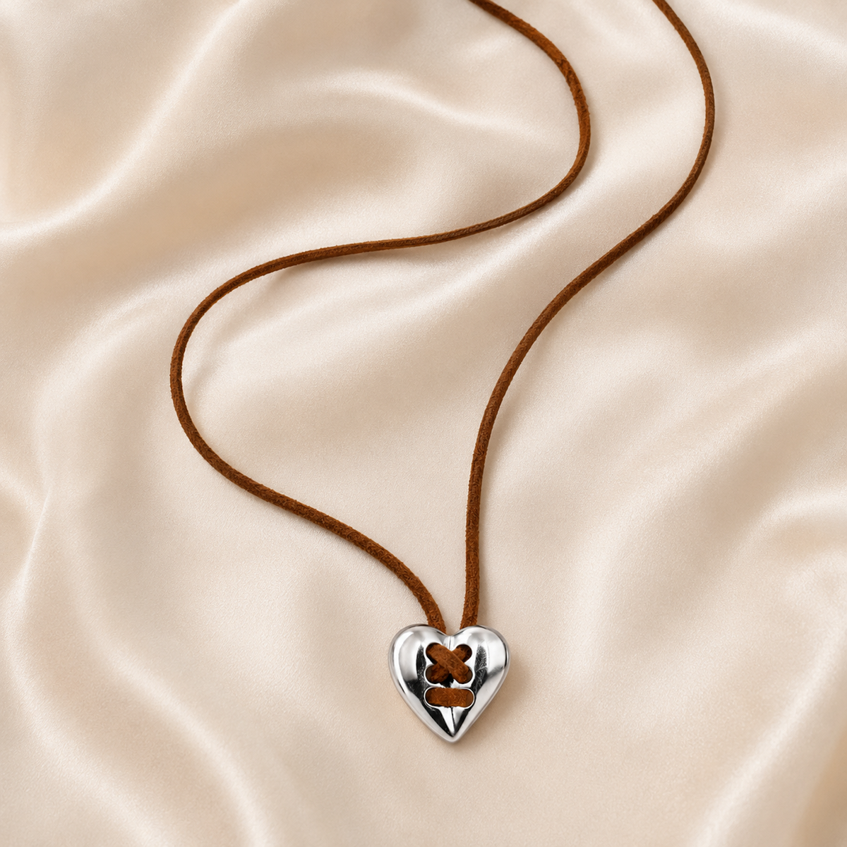 Vintage Silver Heart Leather Necklace styled product view