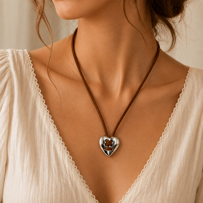 Vintage Silver Heart Leather Necklace worn lifestyle image