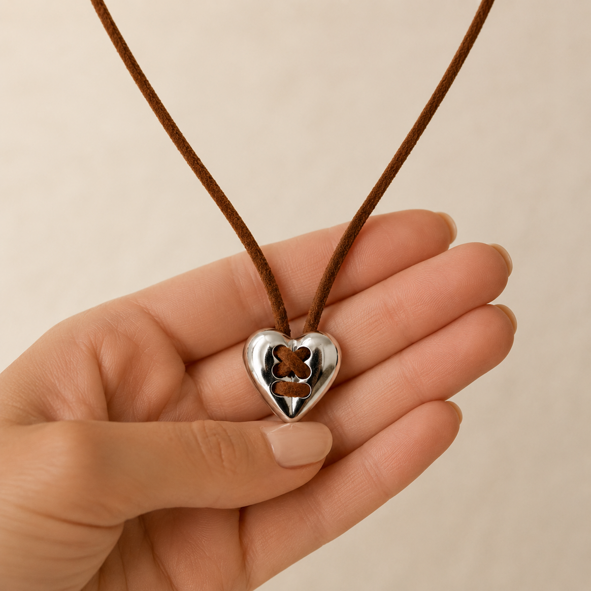 Vintage Silver Heart Leather Necklace styling and hand-held scale image